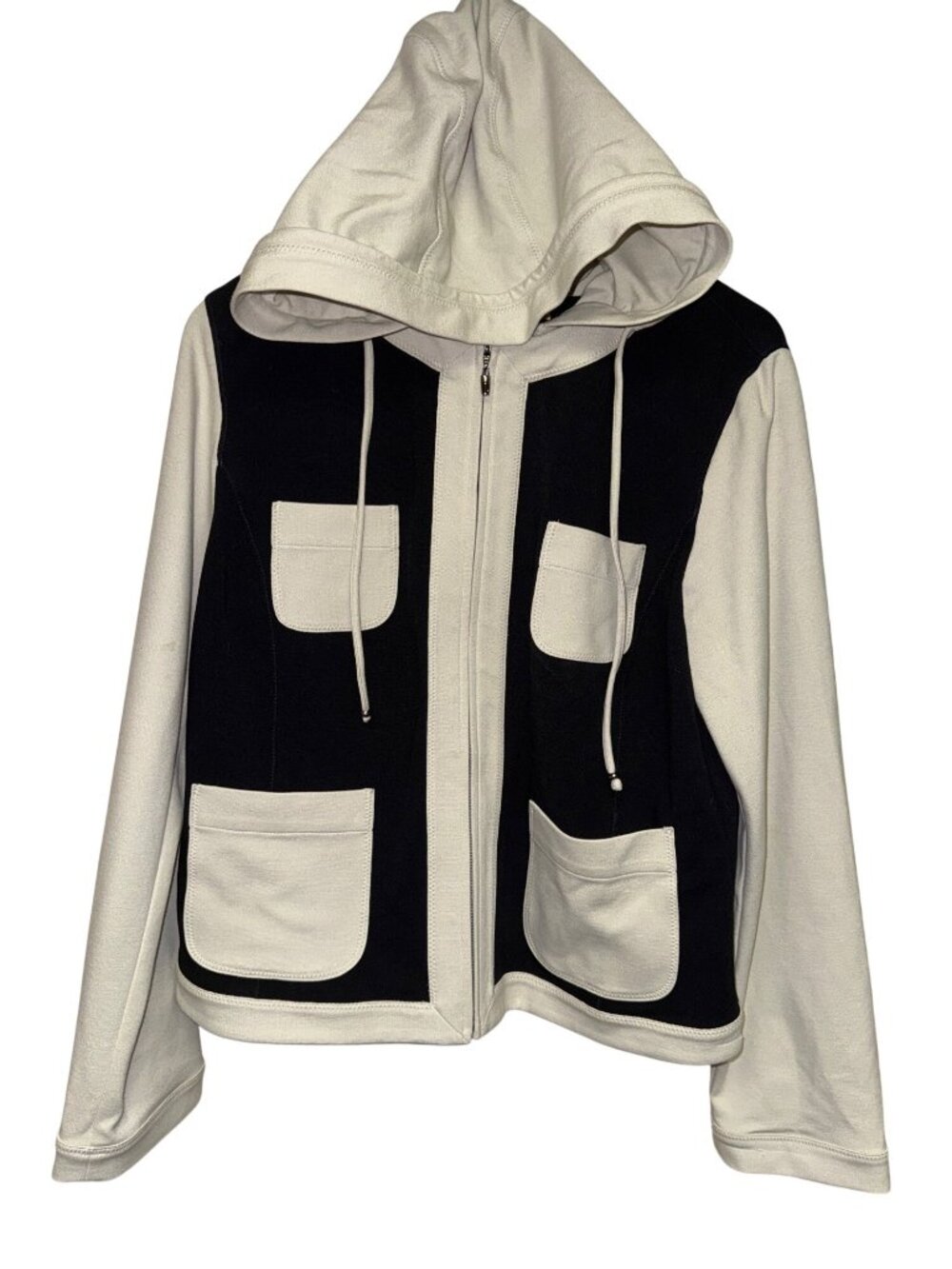 St John Women's Hooded Zip Jacket Black Ivory 4 Pocket Stretch Knit Size 12